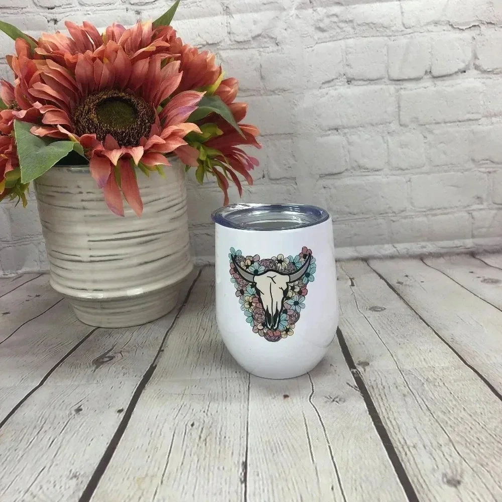 Boutique NWT Stemless insulated wine tumbler cow skull steer bull boho western